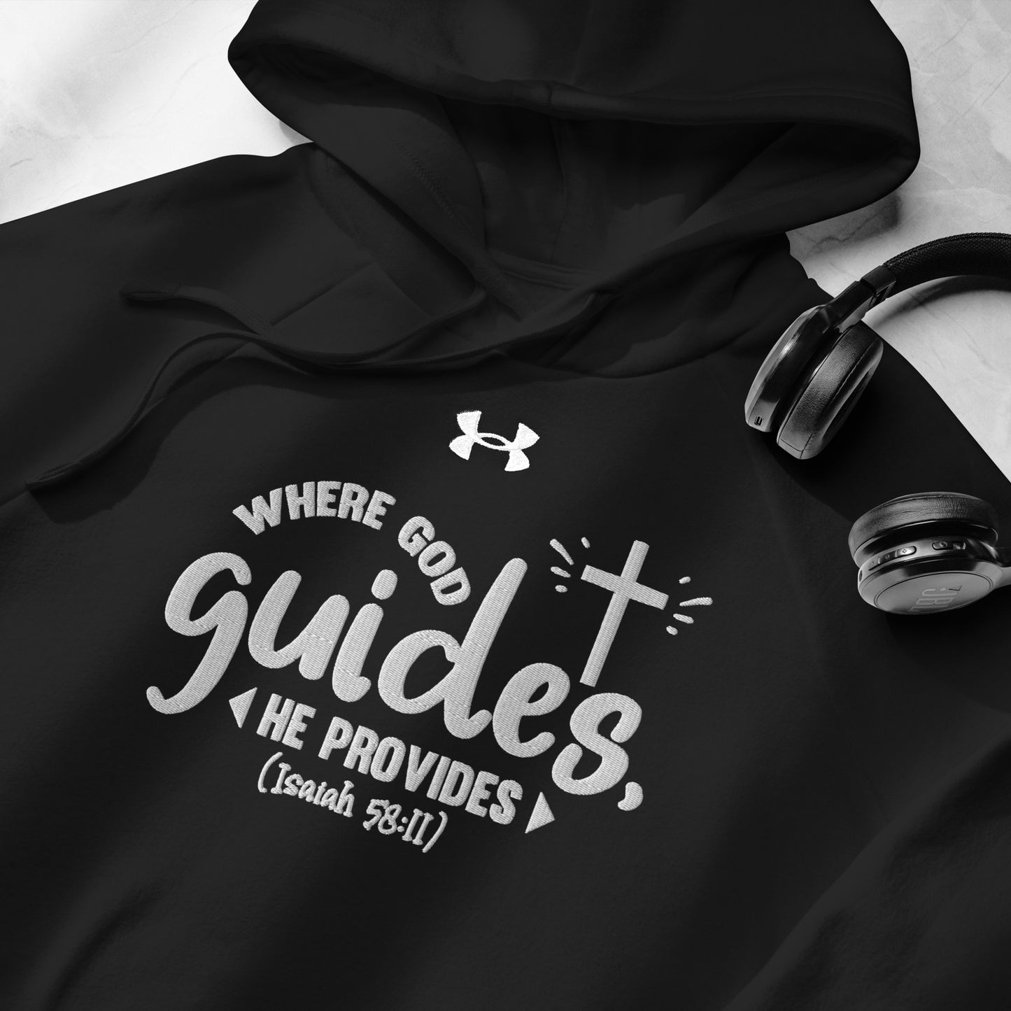 Where God Guides He Provides Unisex Christian Embroidered Under Armour® Hooded Sweatshirt (hoodie)