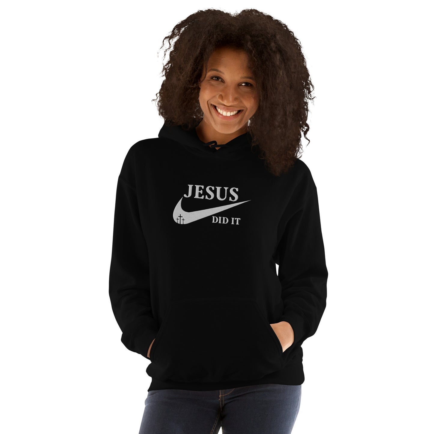 Jesus Did It (Like Nike) Unisex Christian Embroidered Pullover Hooded Sweatshirt