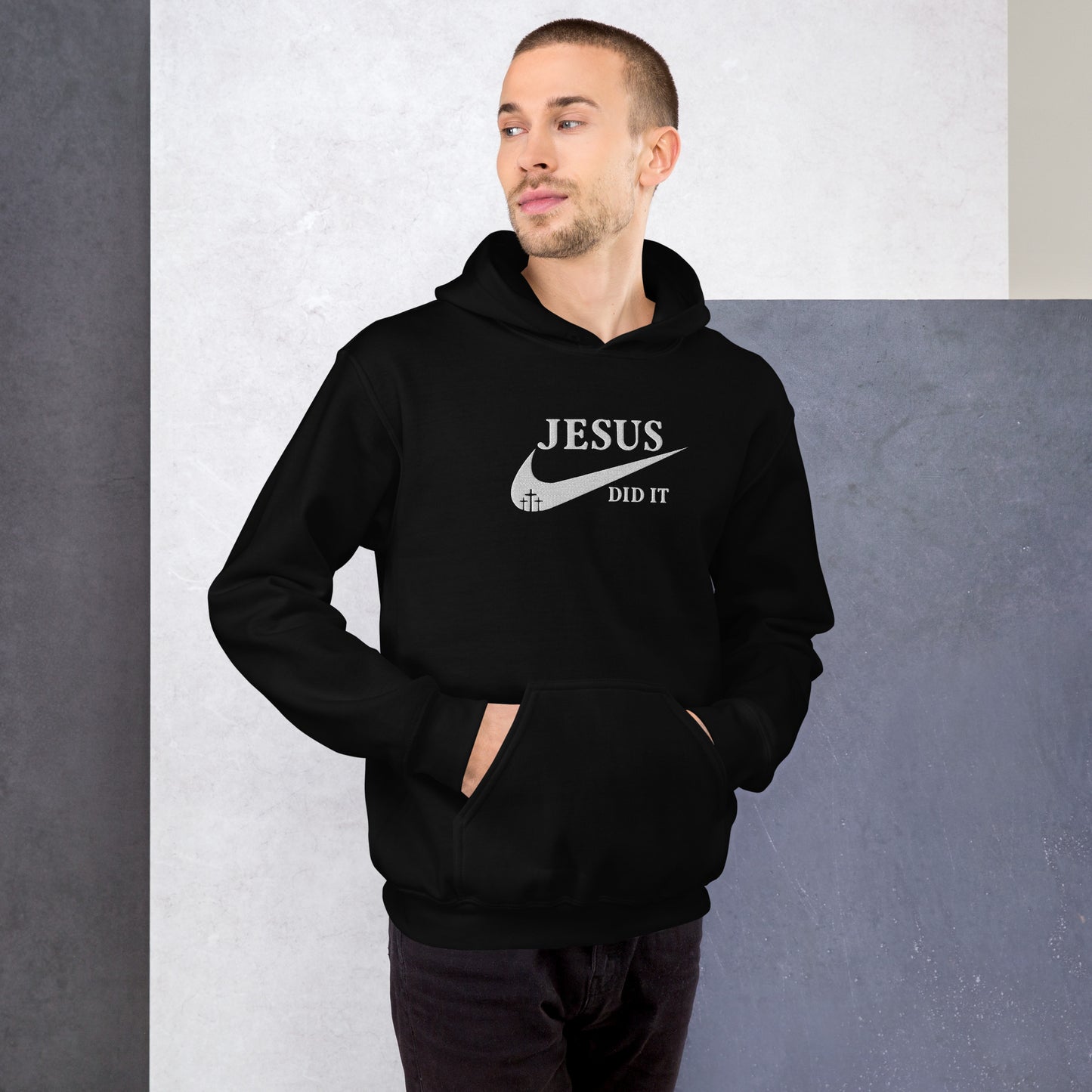 Jesus Did It (Like Nike) Unisex Christian Embroidered Pullover Hooded Sweatshirt