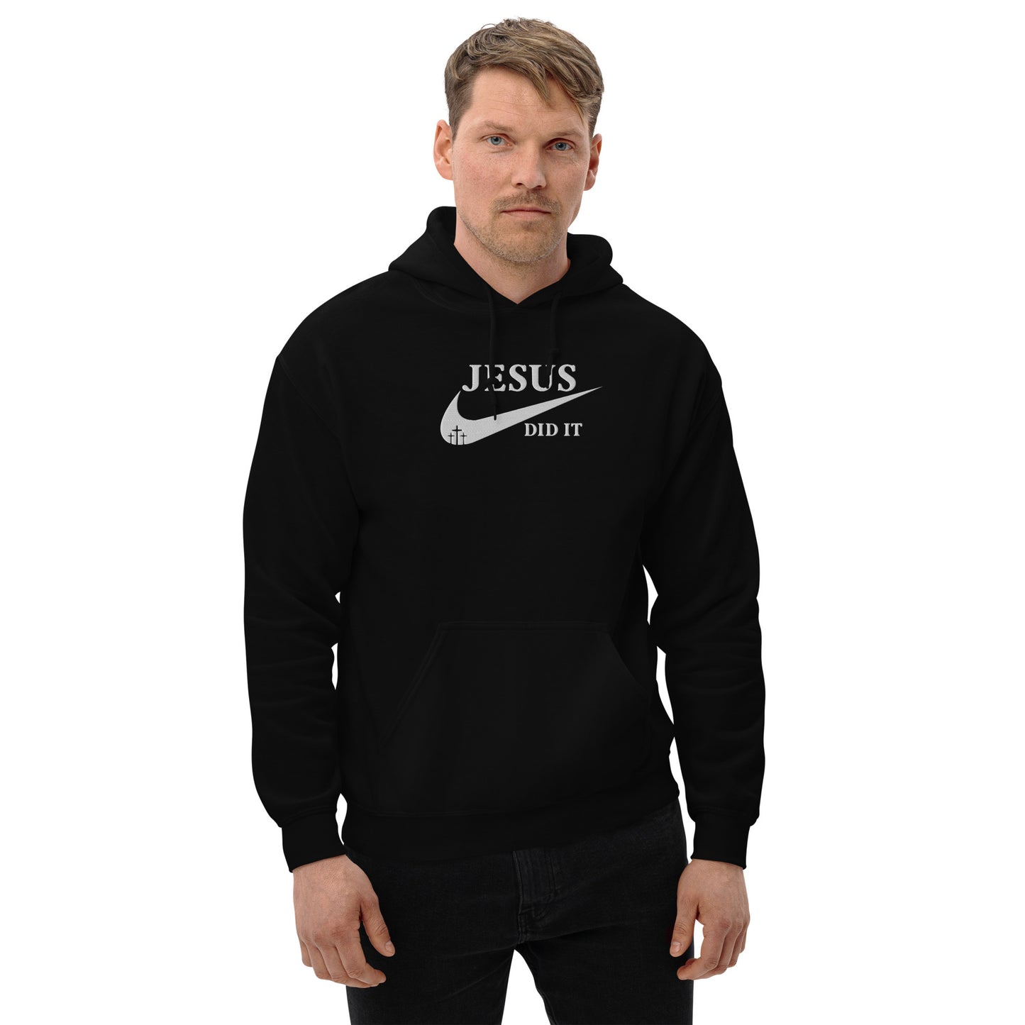 Jesus Did It (Like Nike) Unisex Christian Embroidered Pullover Hooded Sweatshirt