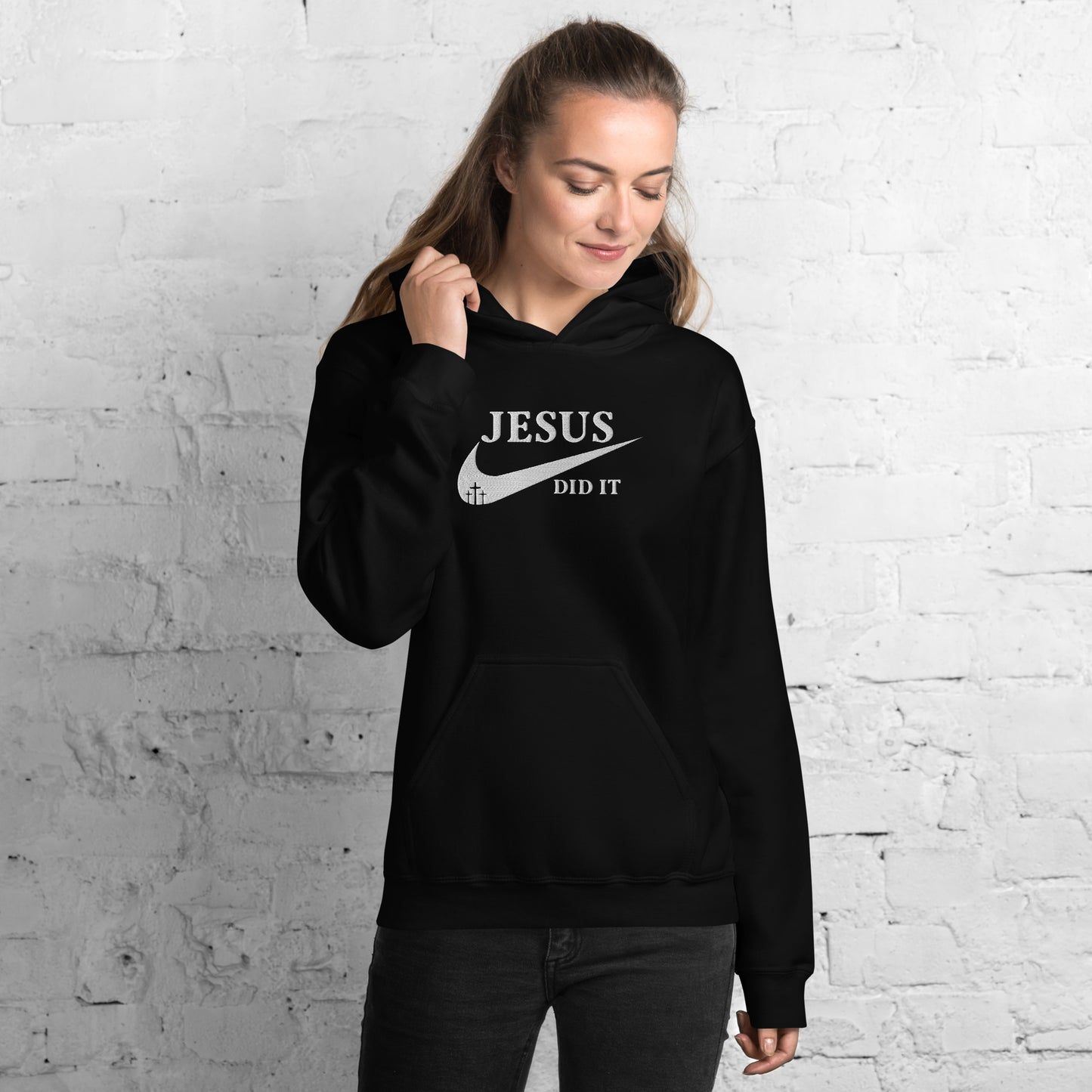 Jesus Did It (Like Nike) Unisex Christian Embroidered Pullover Hooded Sweatshirt