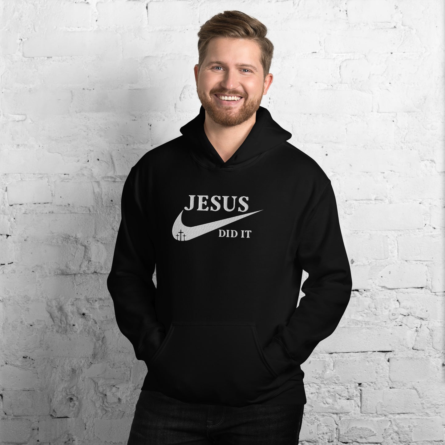 Jesus Did It (Like Nike) Unisex Christian Embroidered Pullover Hooded Sweatshirt