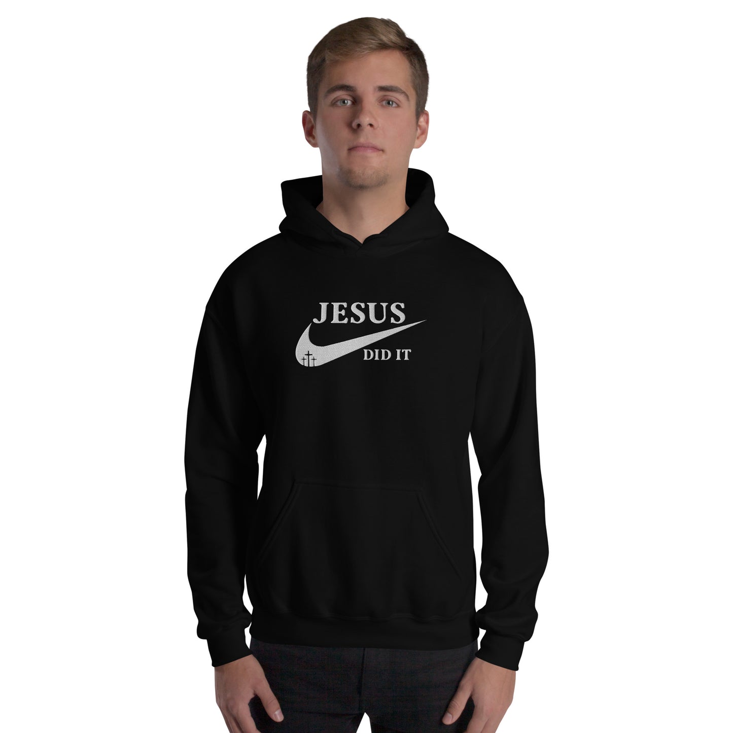 Jesus Did It (Like Nike) Unisex Christian Embroidered Pullover Hooded Sweatshirt