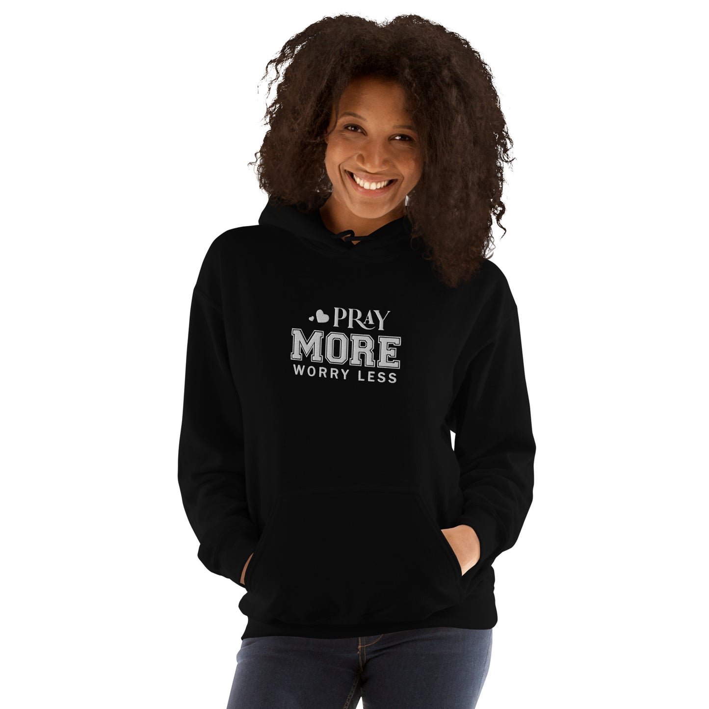 Pray More Worry Less Unisex Christian Embroidered Pullover Hooded Sweatshirt