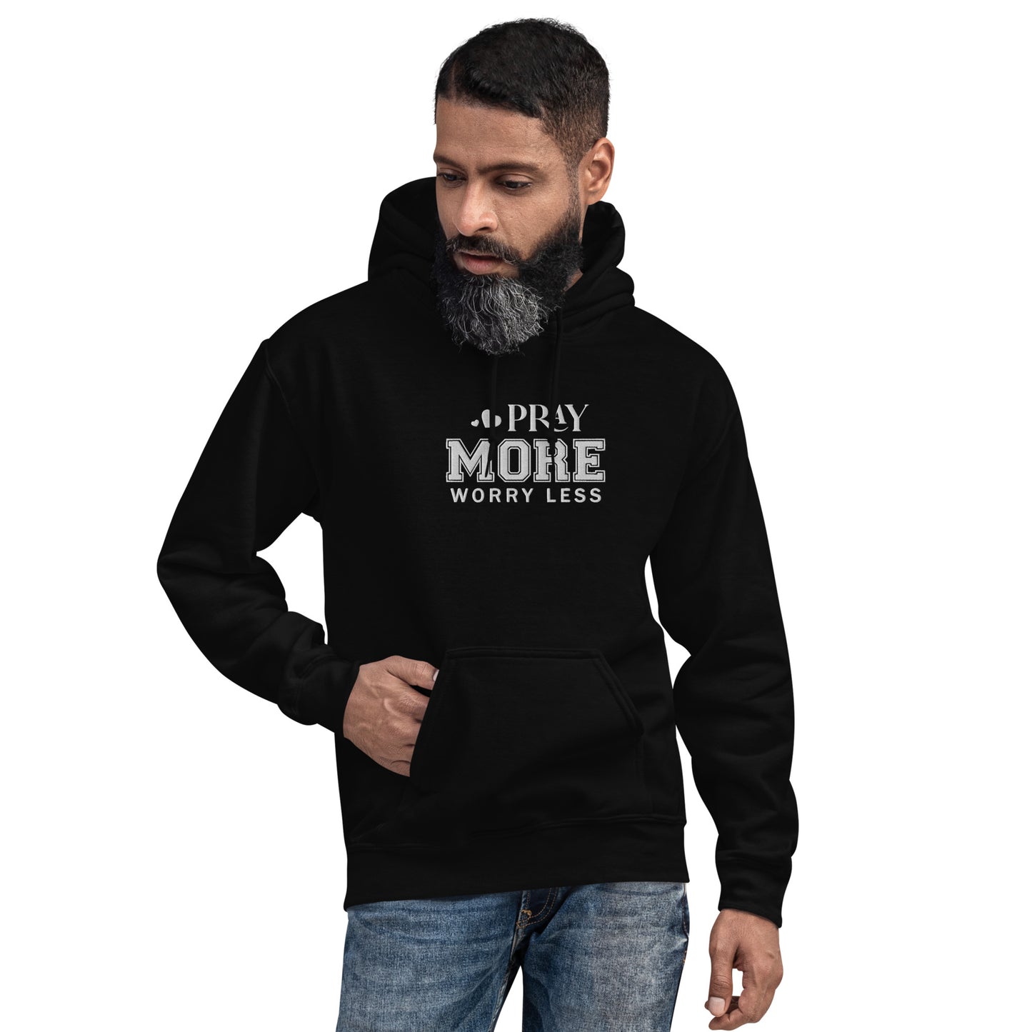 Pray More Worry Less Unisex Christian Embroidered Pullover Hooded Sweatshirt