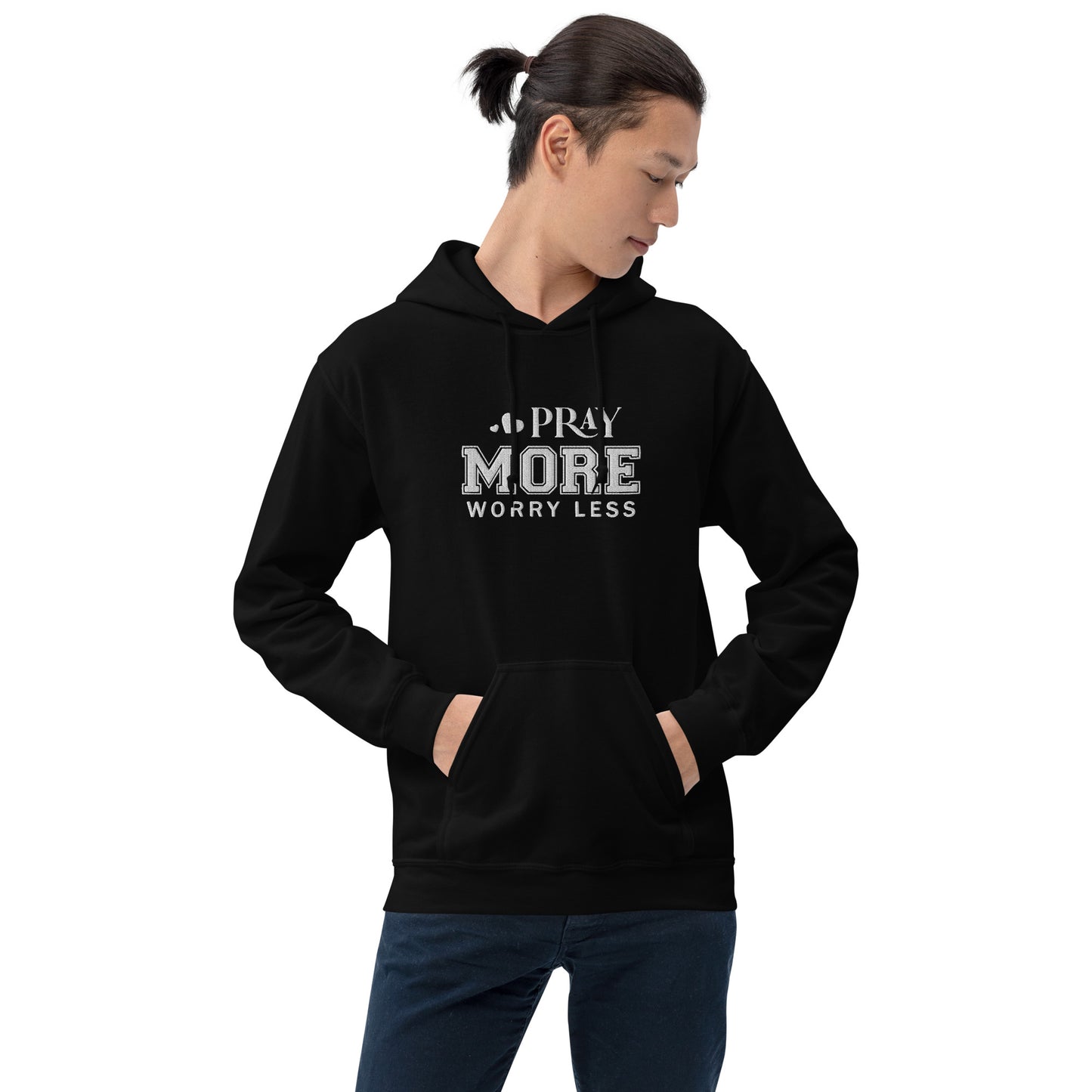 Pray More Worry Less Unisex Christian Embroidered Pullover Hooded Sweatshirt