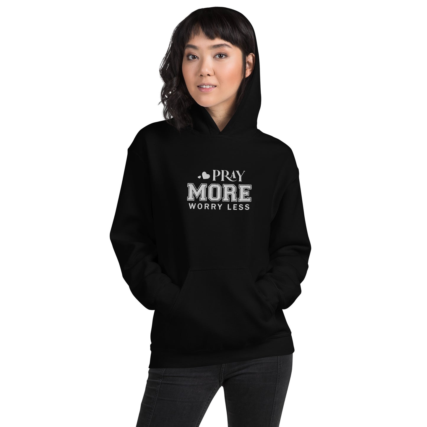 Pray More Worry Less Unisex Christian Embroidered Pullover Hooded Sweatshirt