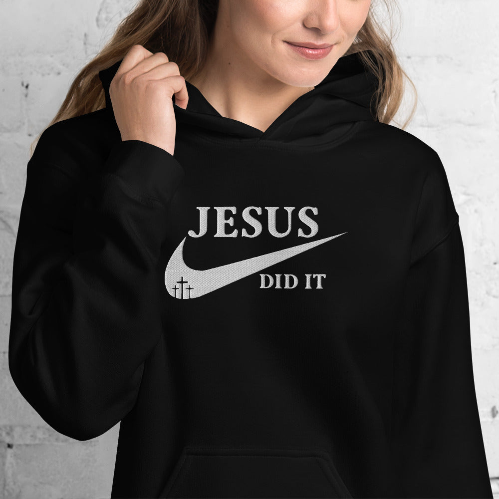 Jesus Did It (Like Nike) Unisex Christian Embroidered Pullover Hooded Sweatshirt