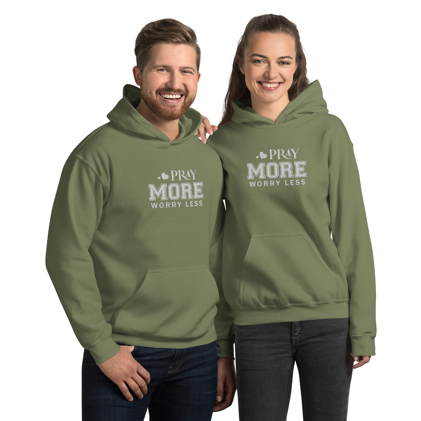 Pray More Worry Less Unisex Christian Embroidered Pullover Hooded Sweatshirt