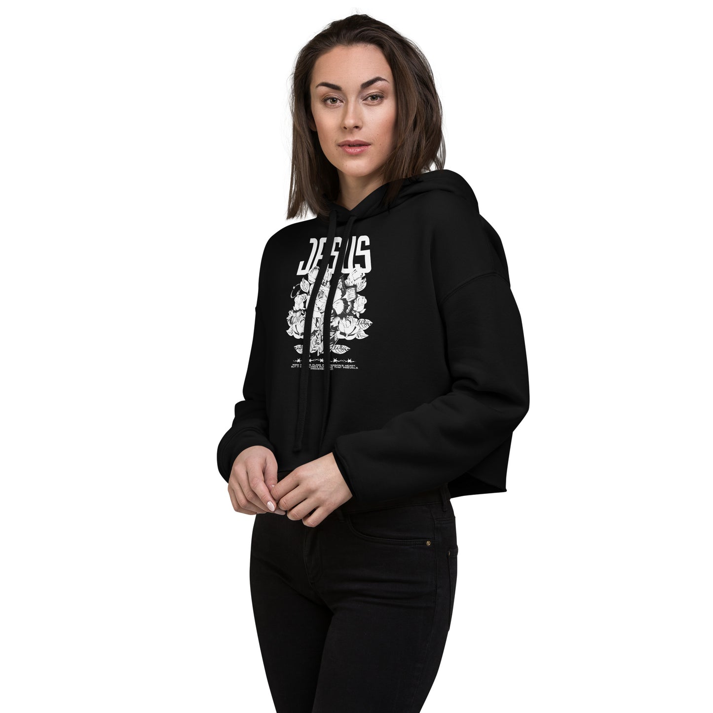 Jesus (flowered) Women's Christian Crop Hoodie (Hooded Sweatshirt