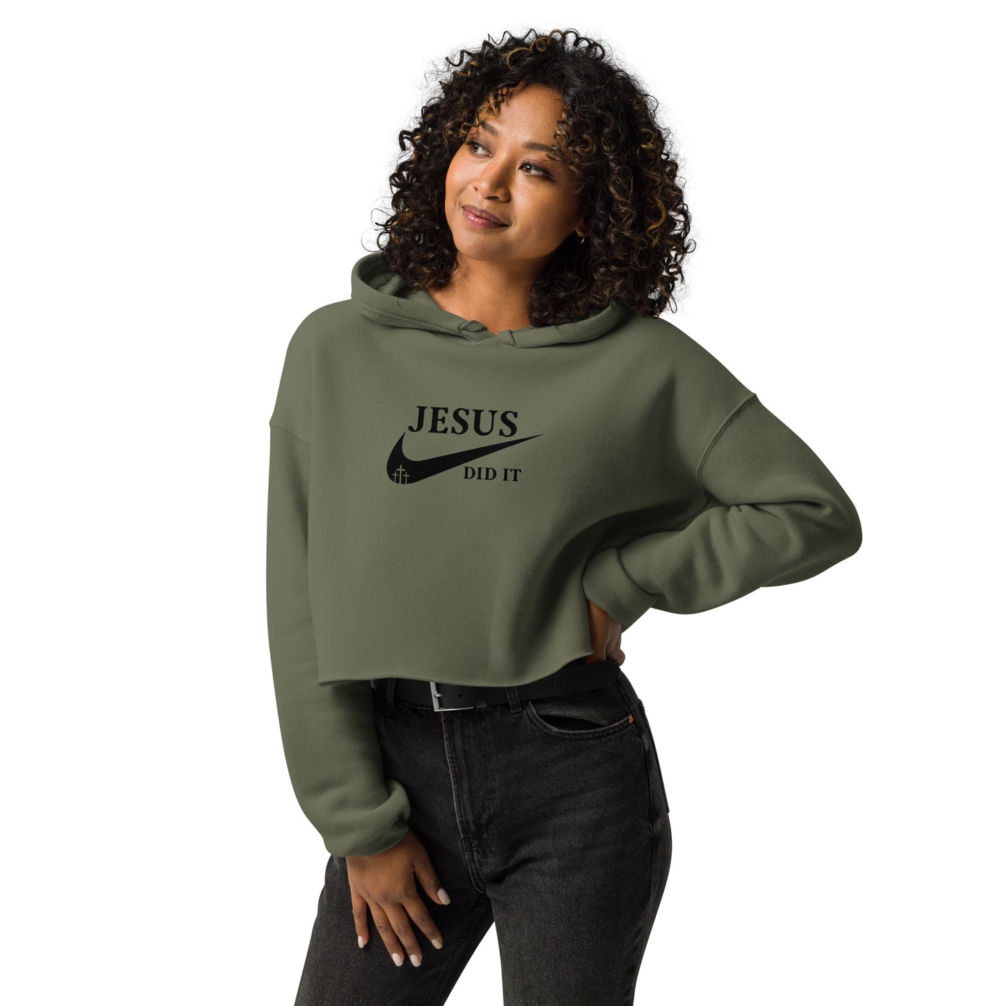 Jesus Did It (Like Nike) Women's Christian Crop Hoodie (Hooded Sweatshirt)