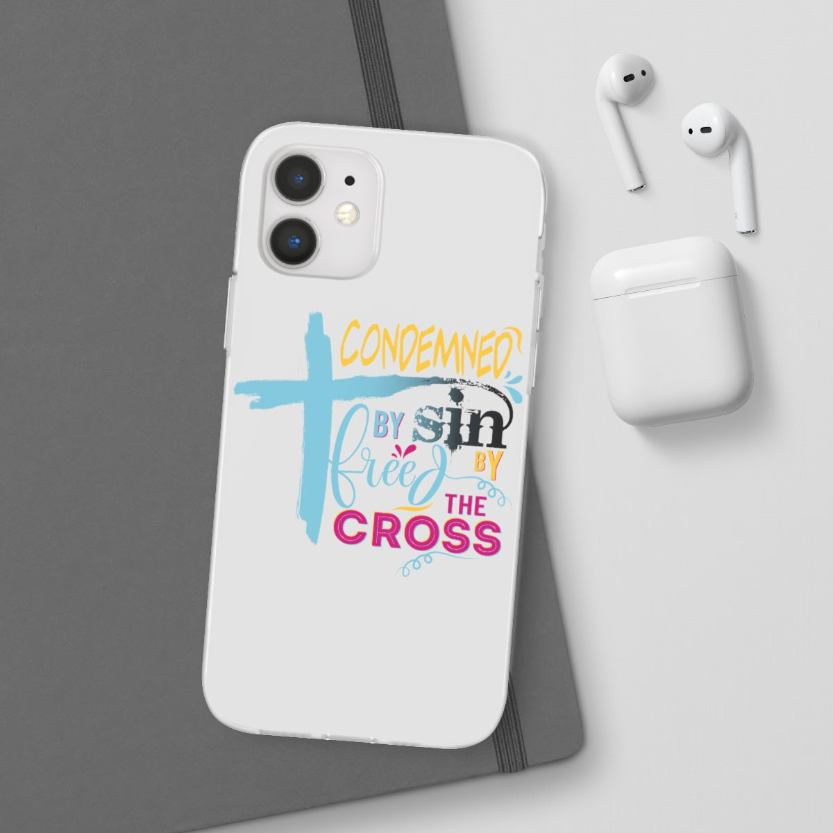 Condemned by Sin Freed By The Cross Flexi Phone Case compatible with select IPhone & Samsung Galaxy Phones Printify