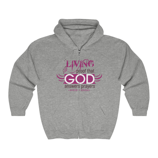 Living Proof That God Answers Prayers Unisex Heavy Blend Full Zip Hooded Sweatshirt Printify