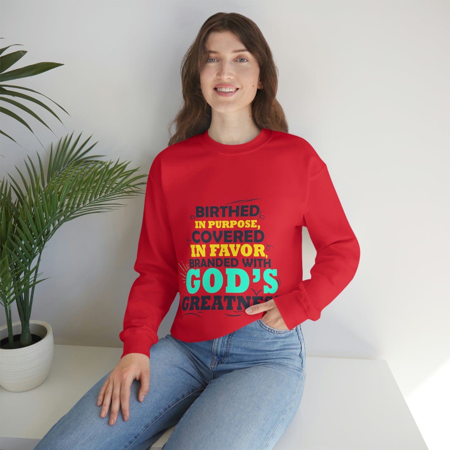 Birthed In Purpose, Covered in Favor, Branded With God's Greatness  Unisex Heavy Blend™ Crewneck Sweatshirt