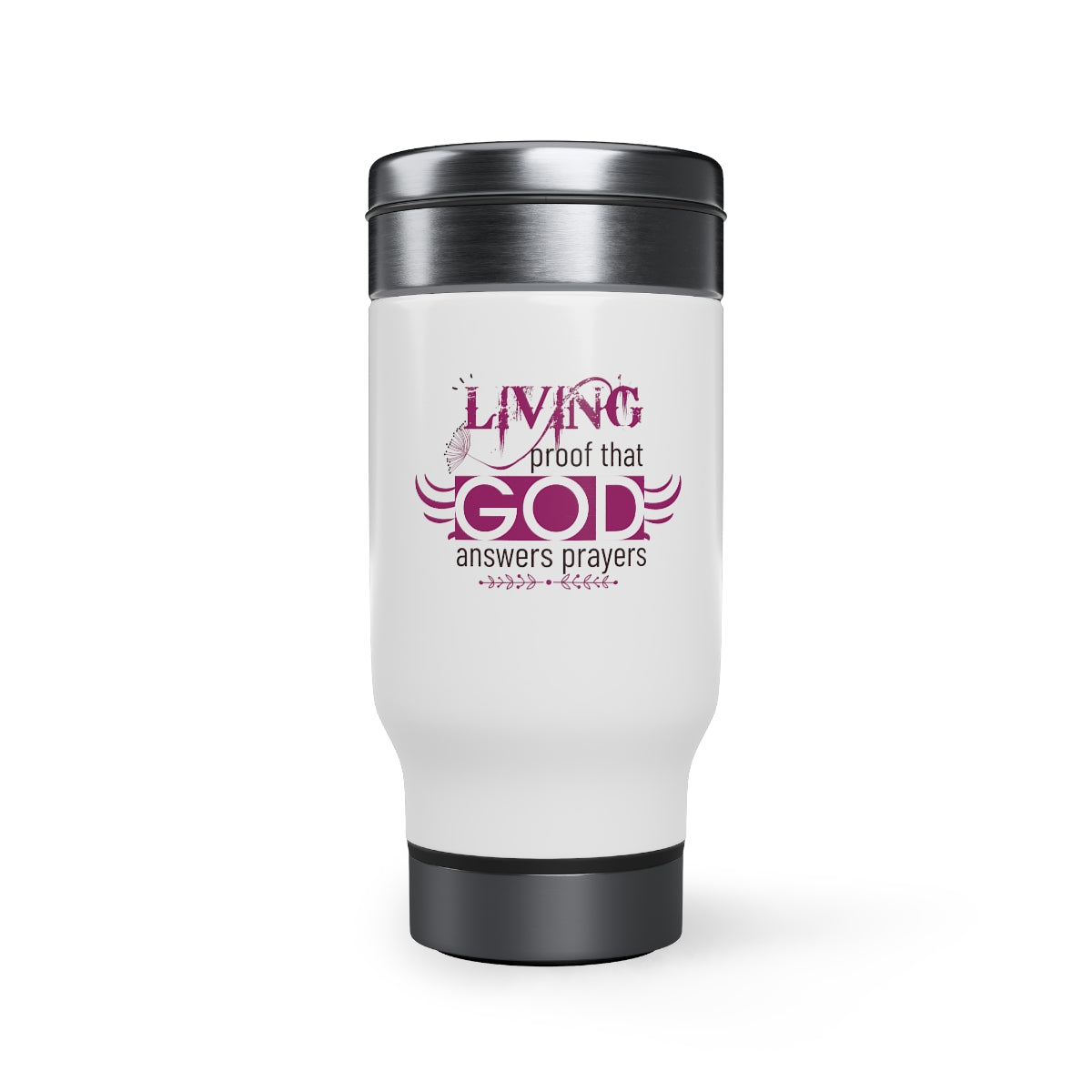 Living Proof That God Answers Prayers  Stainless Steel Travel Mug with Handle, 14oz Printify