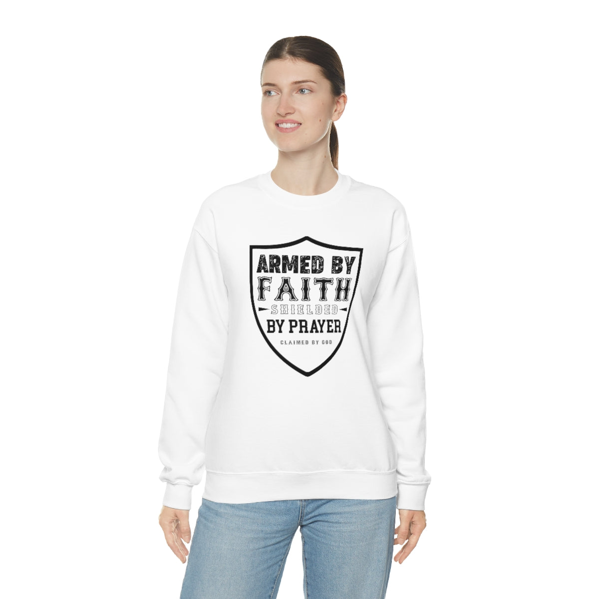 Armed By Faith Shielded By Prayer Unisex Heavy Blend™ Crewneck Sweatshirt Printify