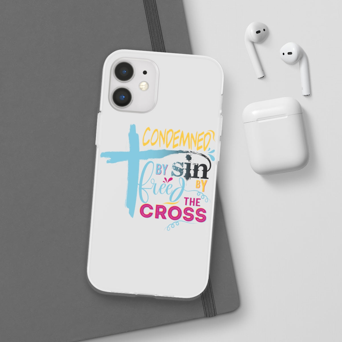 Condemned by Sin Freed By The Cross Flexi Phone Case compatible with select IPhone & Samsung Galaxy Phones Printify