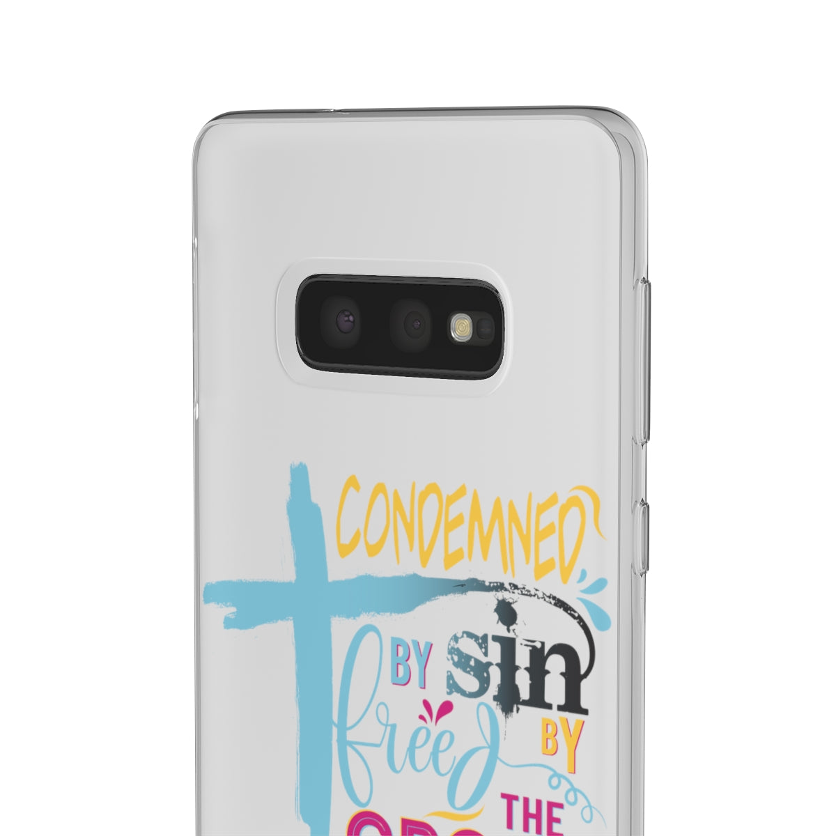 Condemned by Sin Freed By The Cross Flexi Phone Case compatible with select IPhone & Samsung Galaxy Phones Printify