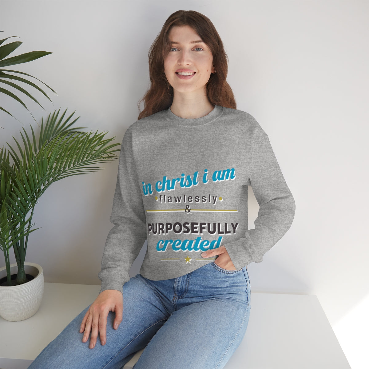 In Christ I Am Flawlessly & Purposefully Created Unisex Heavy Blend™ Crewneck Sweatshirt Printify