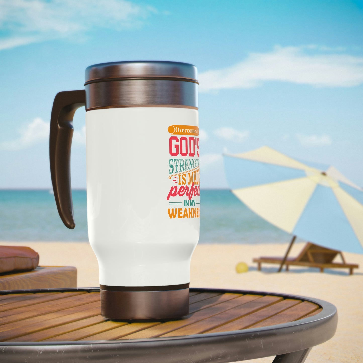 Overcomer, God's Strength Is Made Perfect In My Weakness Travel Mug with Handle, 14oz