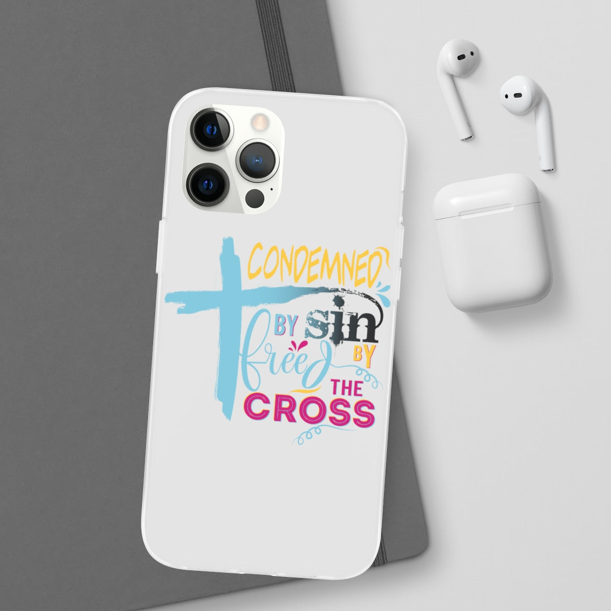 Condemned by Sin Freed By The Cross Flexi Phone Case compatible with select IPhone & Samsung Galaxy Phones Printify