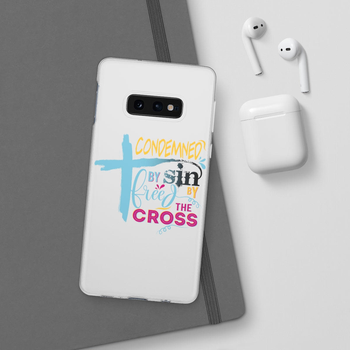 Condemned by Sin Freed By The Cross Flexi Phone Case compatible with select IPhone & Samsung Galaxy Phones Printify