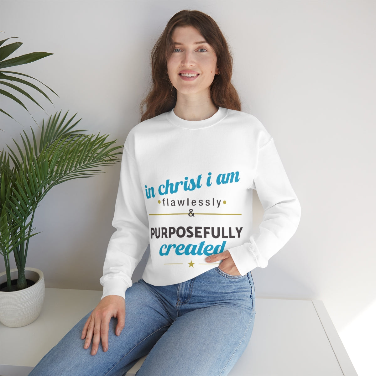 In Christ I Am Flawlessly & Purposefully Created Unisex Heavy Blend™ Crewneck Sweatshirt Printify