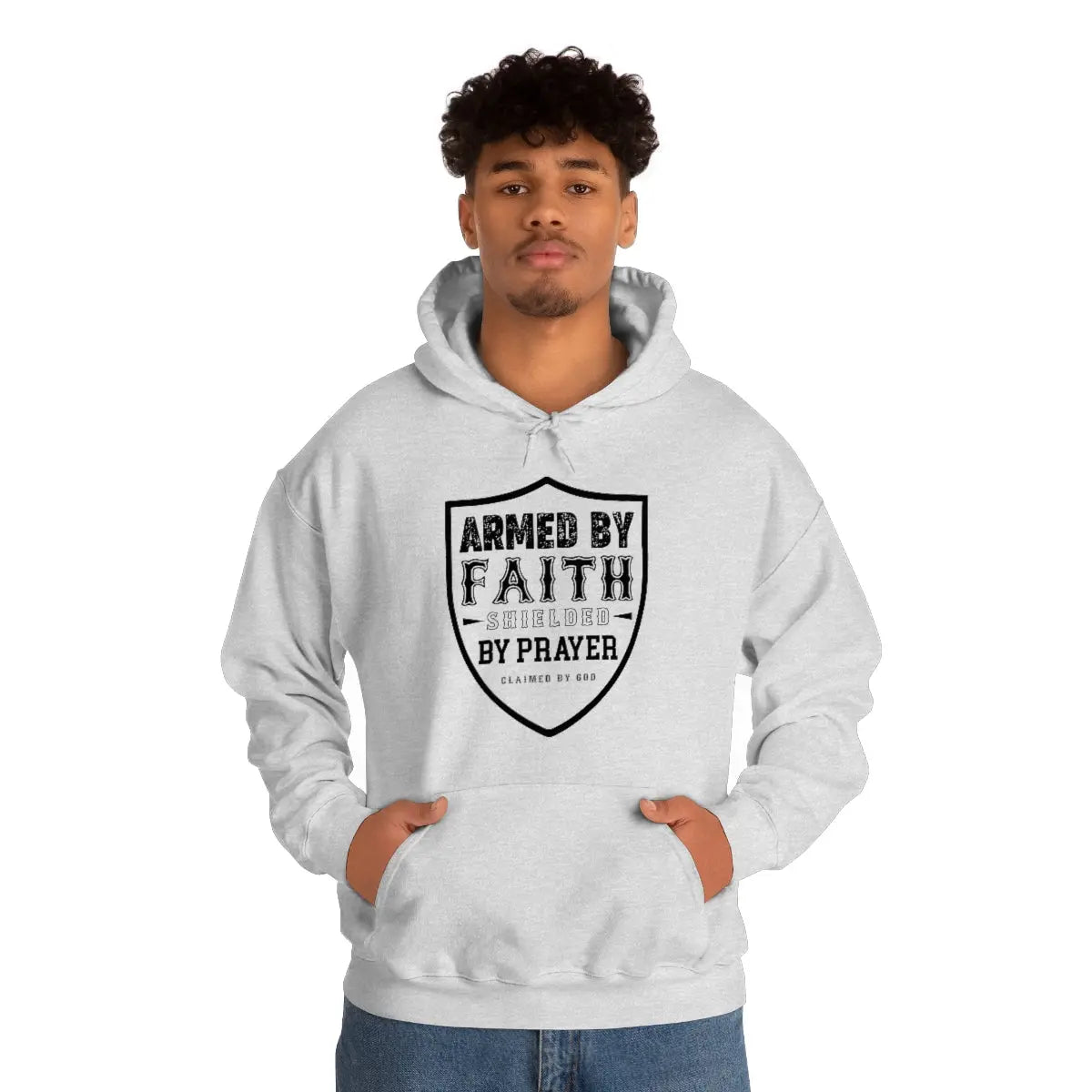 armed by faith shielded in prayer hooded sweatshirt Printify