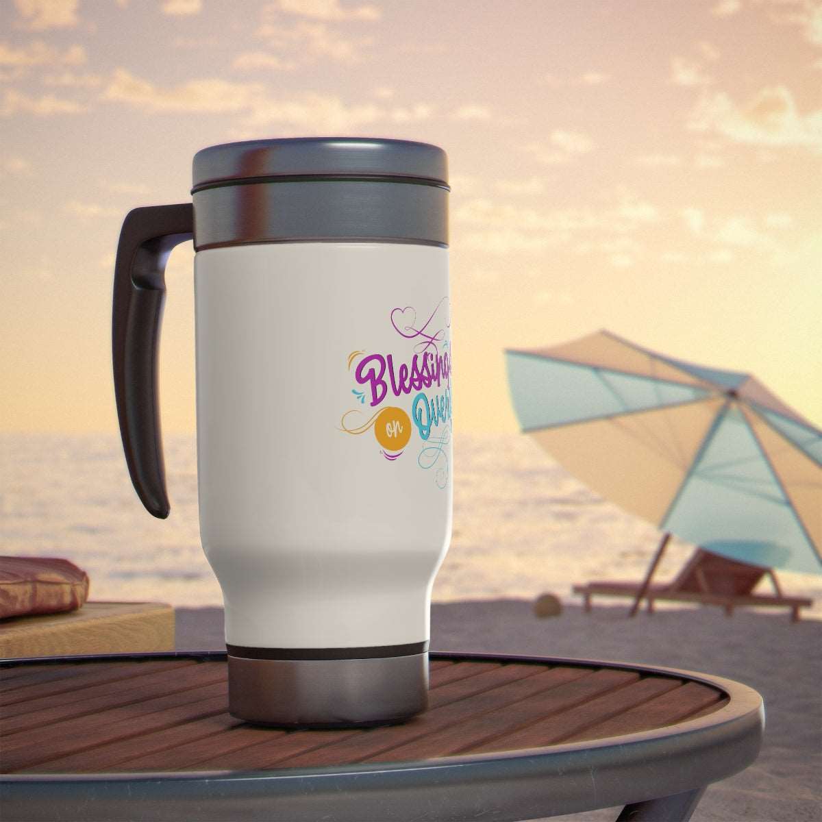 Blessings on Overflow Stainless Steel Travel Mug with Handle, 14oz Printify