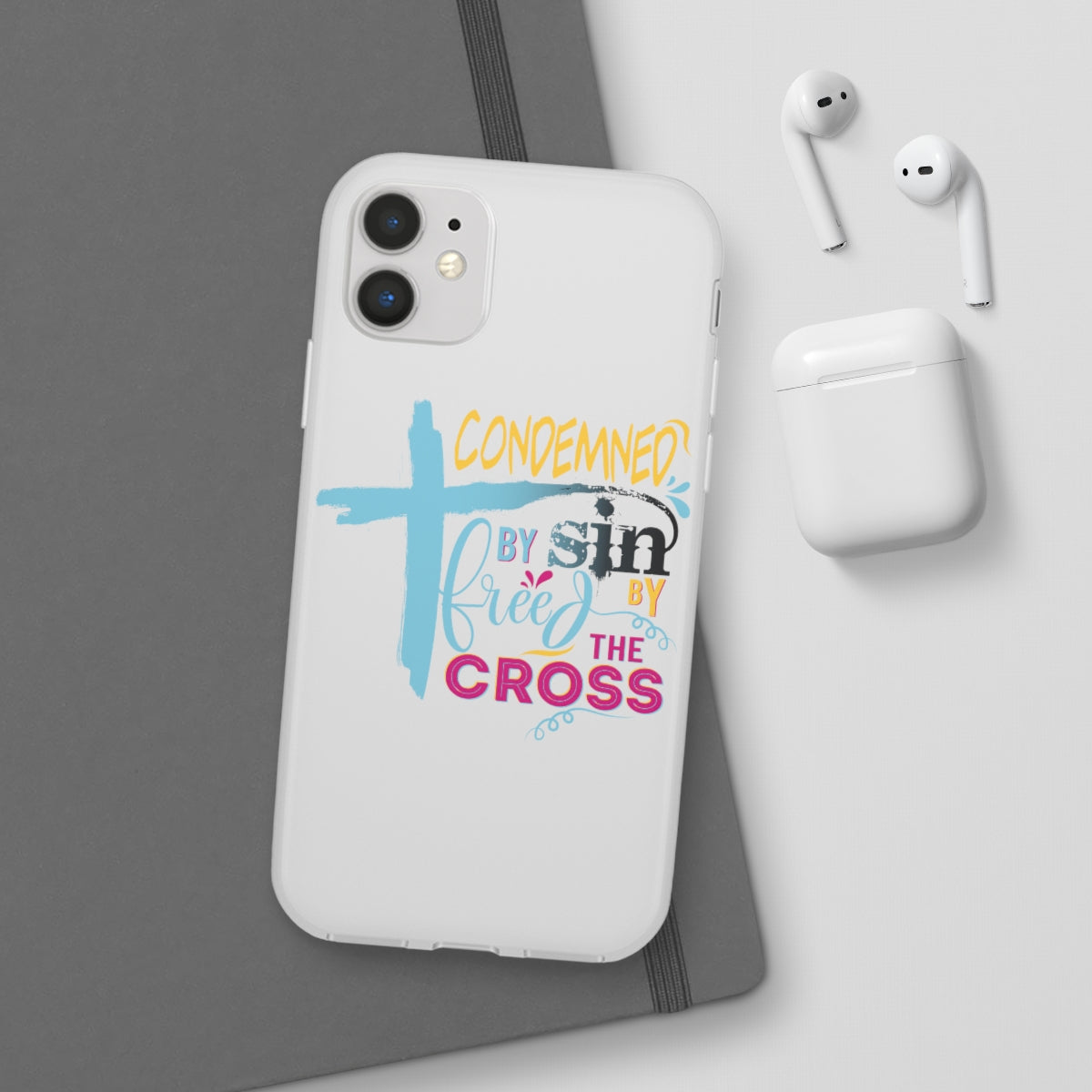 Condemned by Sin Freed By The Cross Flexi Phone Case compatible with select IPhone & Samsung Galaxy Phones Printify