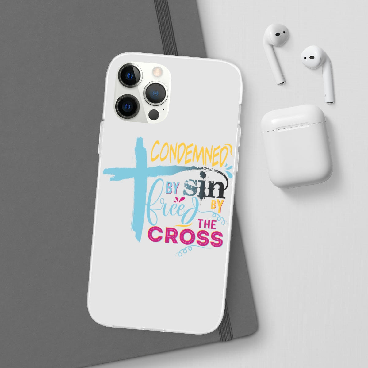 Condemned by Sin Freed By The Cross Flexi Phone Case compatible with select IPhone & Samsung Galaxy Phones Printify